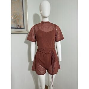 Balera Brown Rust Dance Romper Rhinestone Mesh Adult Small Costume Skating
